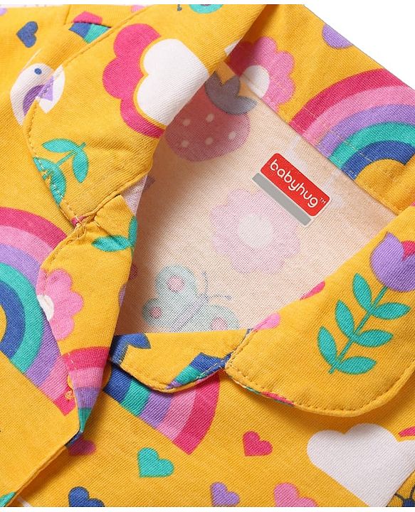 Babyhug Cotton Knit Half Sleeves Co-ords Front Open Night Suit with Tropical Theme Print - Yellow