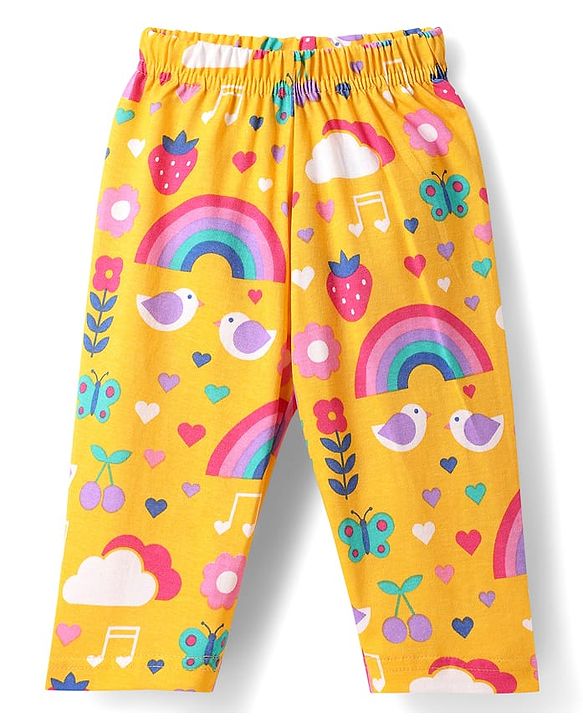 Babyhug Cotton Knit Half Sleeves Co-ords Front Open Night Suit with Tropical Theme Print - Yellow