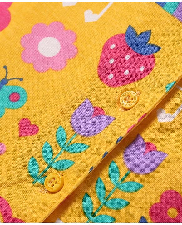 Babyhug Cotton Knit Half Sleeves Co-ords Front Open Night Suit with Tropical Theme Print - Yellow