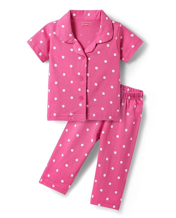Babyhug Cotton Knit Half Sleeves Co-ords Front Open Night Suit with Polka Dots Print - Dark Pink
