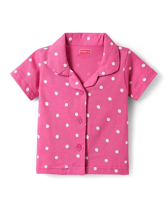 Babyhug Cotton Knit Half Sleeves Co-ords Front Open Night Suit with Polka Dots Print - Dark Pink