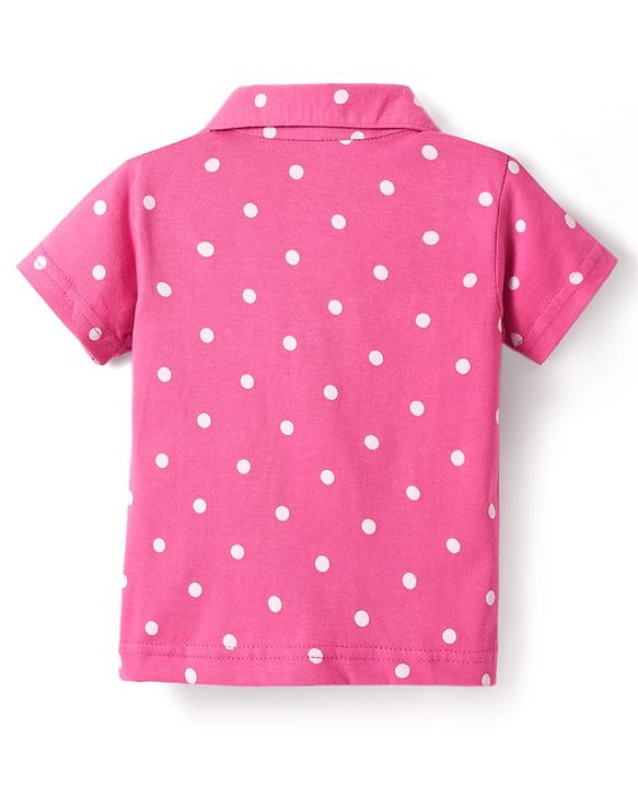 Babyhug Cotton Knit Half Sleeves Co-ords Front Open Night Suit with Polka Dots Print - Dark Pink
