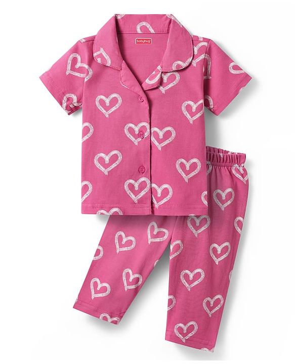 Babyhug Cotton Knit Half Sleeves Co-ords Front Open Night Suit with Hearts Print - Dark Pink