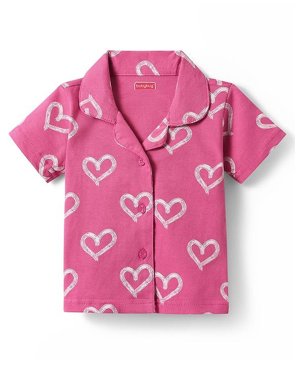 Babyhug Cotton Knit Half Sleeves Co-ords Front Open Night Suit with Hearts Print - Dark Pink