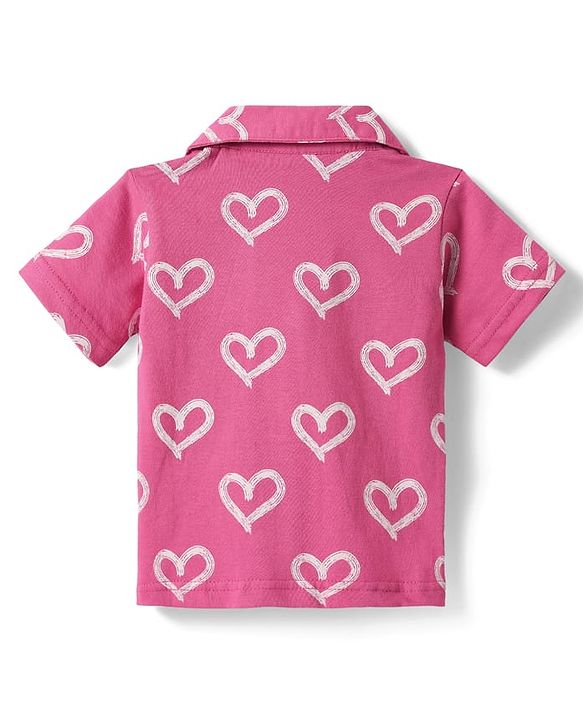 Babyhug Cotton Knit Half Sleeves Co-ords Front Open Night Suit with Hearts Print - Dark Pink