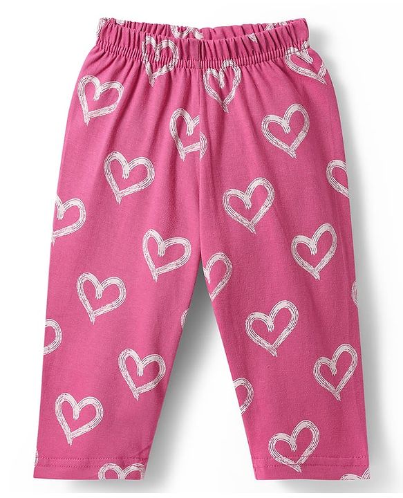 Babyhug Cotton Knit Half Sleeves Co-ords Front Open Night Suit with Hearts Print - Dark Pink