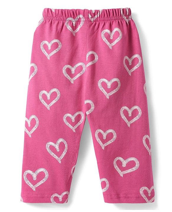 Babyhug Cotton Knit Half Sleeves Co-ords Front Open Night Suit with Hearts Print - Dark Pink