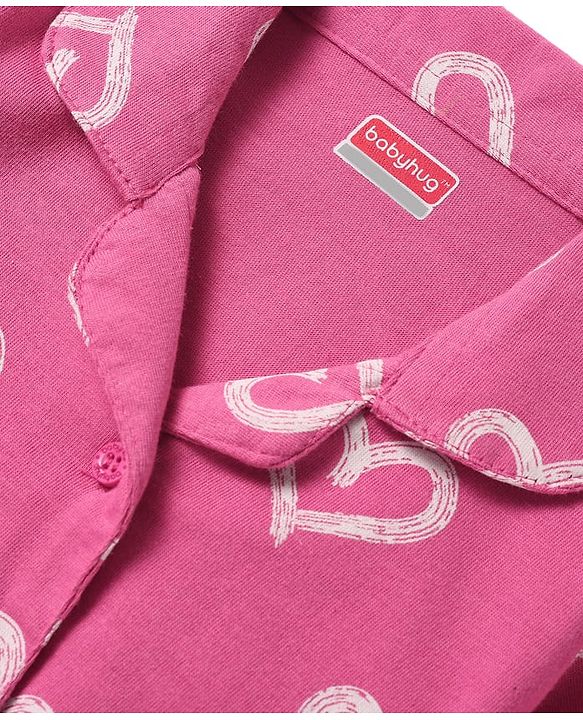 Babyhug Cotton Knit Half Sleeves Co-ords Front Open Night Suit with Hearts Print - Dark Pink