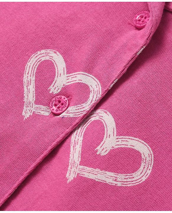 Babyhug Cotton Knit Half Sleeves Co-ords Front Open Night Suit with Hearts Print - Dark Pink