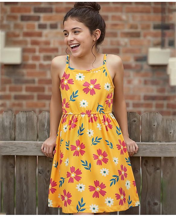 Pine Kids Cotton Knit Sleeveless Frock with Floral Print - Yellow