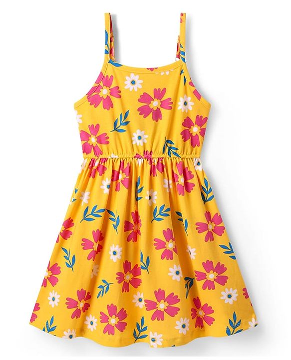 Pine Kids Cotton Knit Sleeveless Frock with Floral Print - Yellow