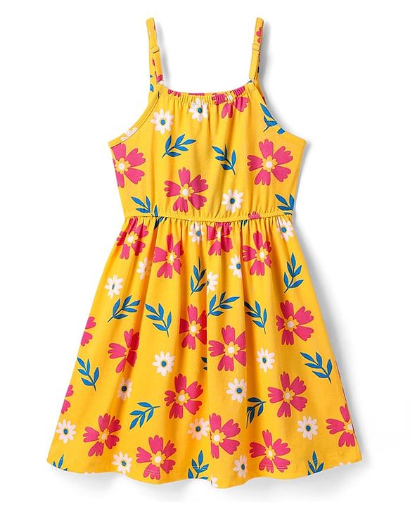 Pine Kids Cotton Knit Sleeveless Frock with Floral Print - Yellow