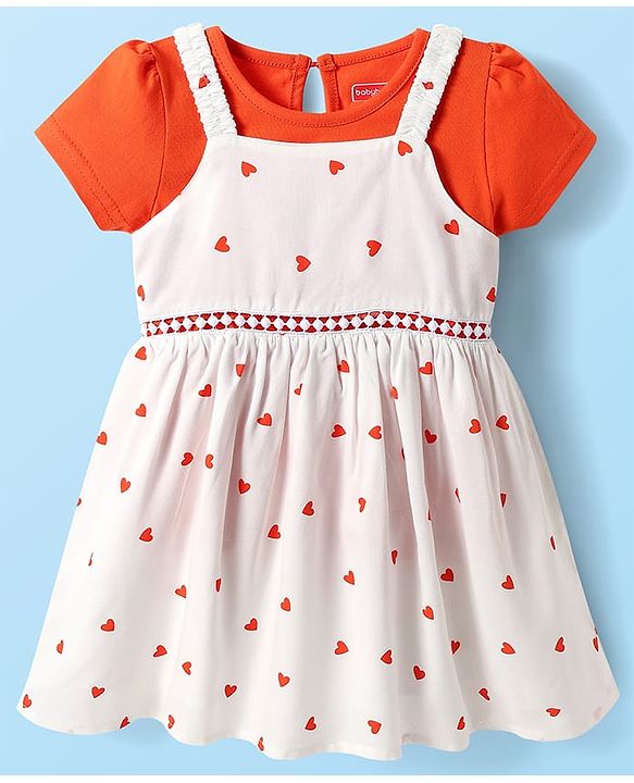Babyhug Cotton Woven Hearts Printed Frock with Half Sleeves Inner Tee - White & Orange