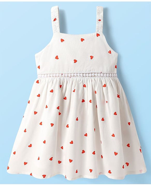 Babyhug Cotton Woven Hearts Printed Frock with Half Sleeves Inner Tee - White & Orange