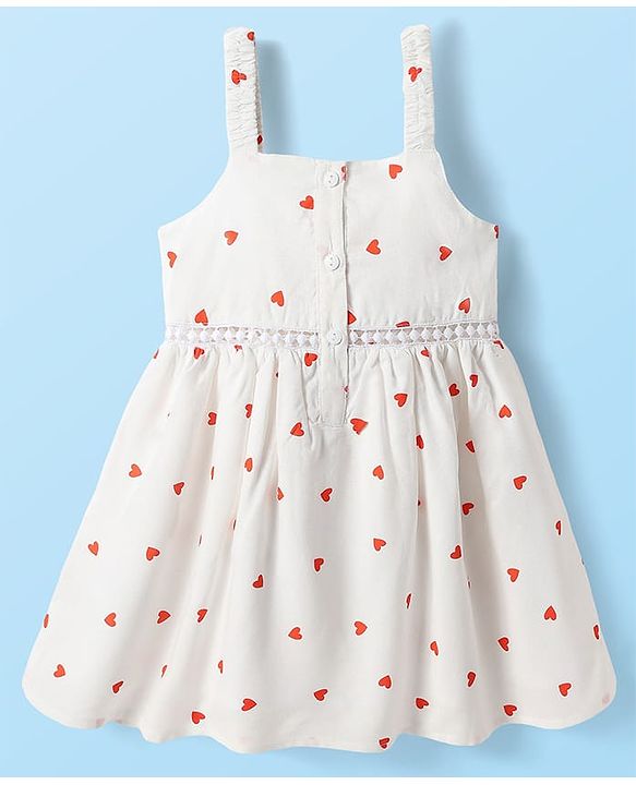 Babyhug Cotton Woven Hearts Printed Frock with Half Sleeves Inner Tee - White & Orange