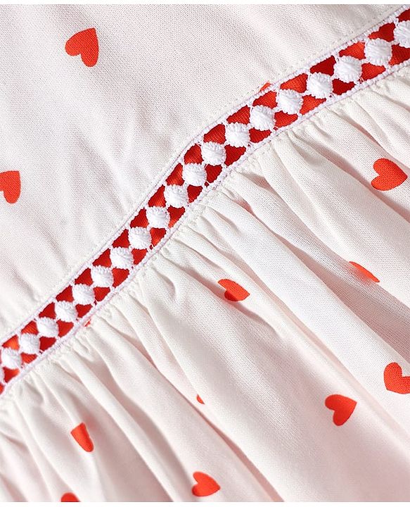 Babyhug Cotton Woven Hearts Printed Frock with Half Sleeves Inner Tee - White & Orange