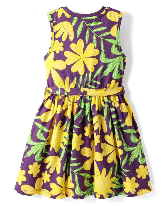 Pine Kids Cotton Knit Sleeveless Frock With Floral Print & Belt - Violet