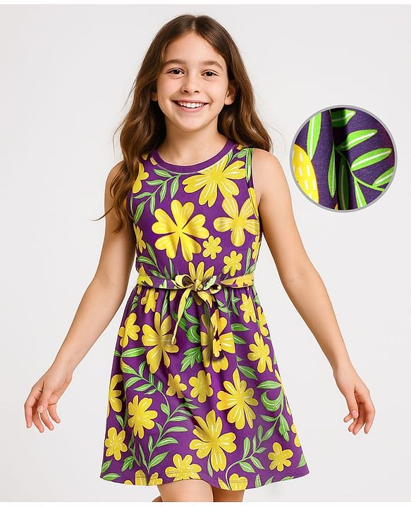 Pine Kids Cotton Knit Sleeveless Frock With Floral Print & Belt - Violet
