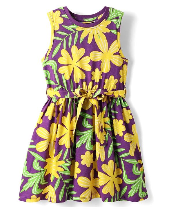 Pine Kids Cotton Knit Sleeveless Frock With Floral Print & Belt - Violet