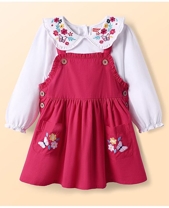 Babyhug 100% Cotton Full Sleeves Floral & Butterfly Embroidered Frock With Inner Tee - Dark Pink & White