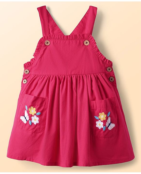 Babyhug 100% Cotton Full Sleeves Floral & Butterfly Embroidered Frock With Inner Tee - Dark Pink & White