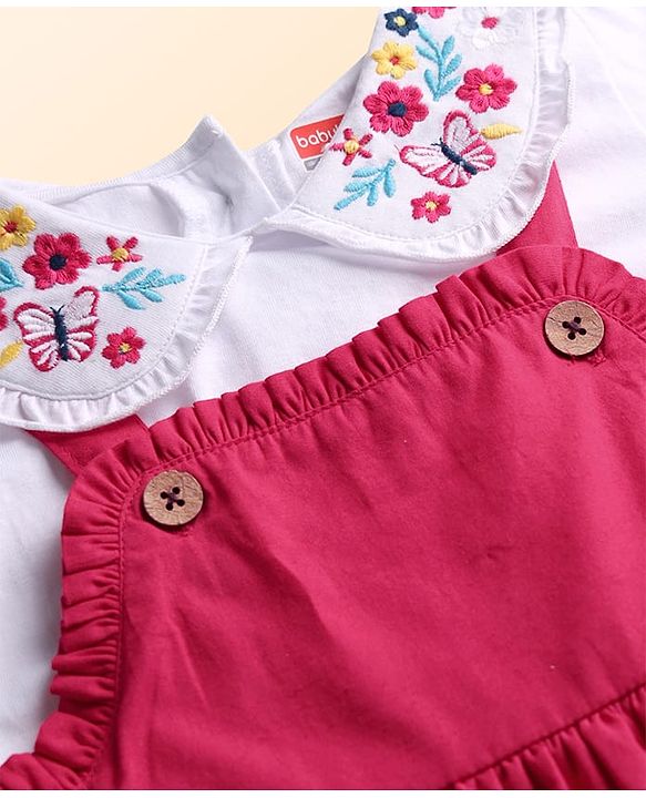 Babyhug 100% Cotton Full Sleeves Floral & Butterfly Embroidered Frock With Inner Tee - Dark Pink & White