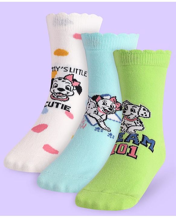 Cute Walk By Babyhug Non Terry Knit Anti Bacterial Socks With Dalmatians Graphics Pack Of 3 - White Light Blue & Light Green