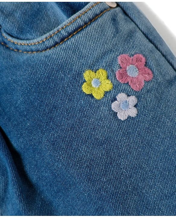 Babyhug Mid Thigh Denim Skirt with Floral Embroidery - Blue