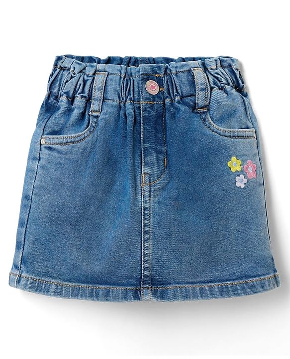 Babyhug Mid Thigh Denim Skirt with Floral Embroidery - Blue