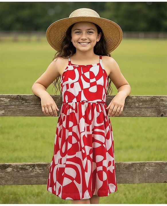 Pine Kids Cotton Knit Sleeveless Printed Frock - Red
