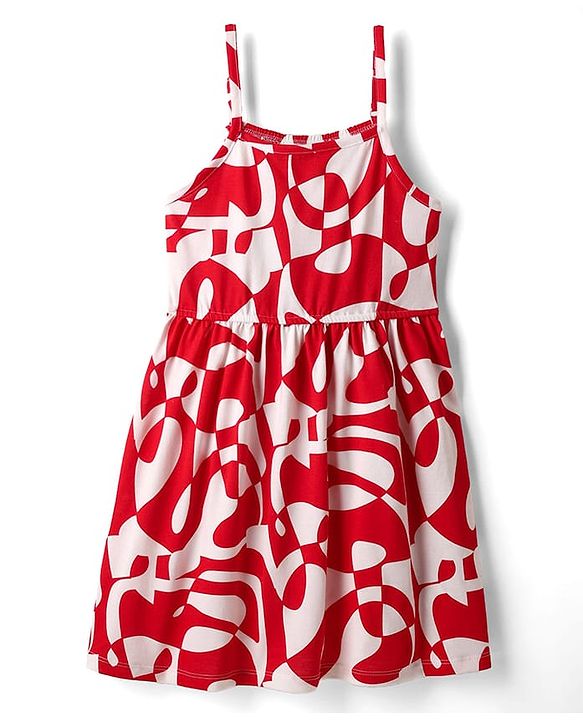 Pine Kids Cotton Knit Sleeveless Printed Frock - Red