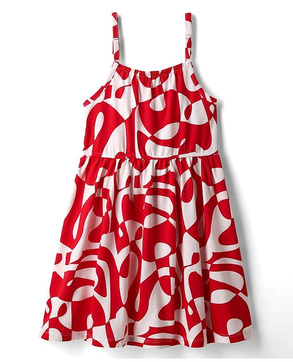 Pine Kids Cotton Knit Sleeveless Printed Frock - Red