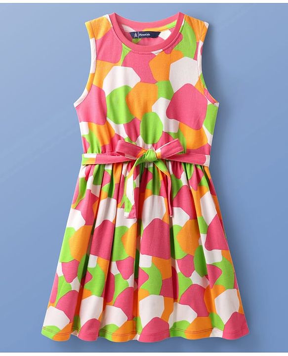 Pine Kids Cotton Knit Sleeveless Printed Frock With Belt - Multicolor