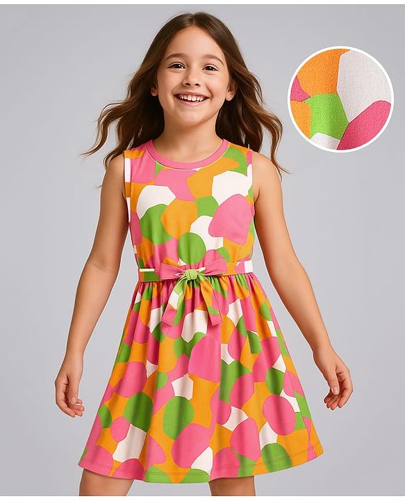 Pine Kids Cotton Knit Sleeveless Printed Frock With Belt - Multicolor