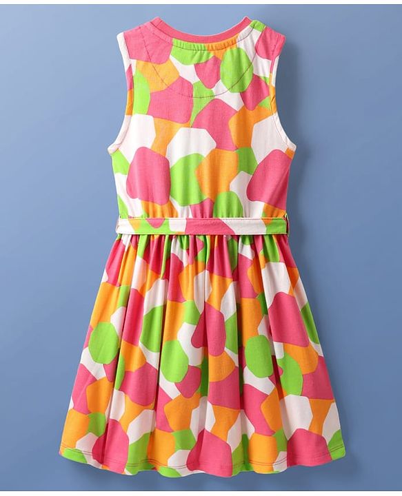 Pine Kids Cotton Knit Sleeveless Printed Frock With Belt - Multicolor