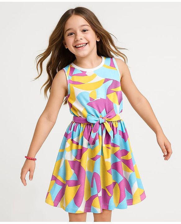 Pine Kids Cotton Knit Sleeveless Printed Frock With Belt - Multicolor