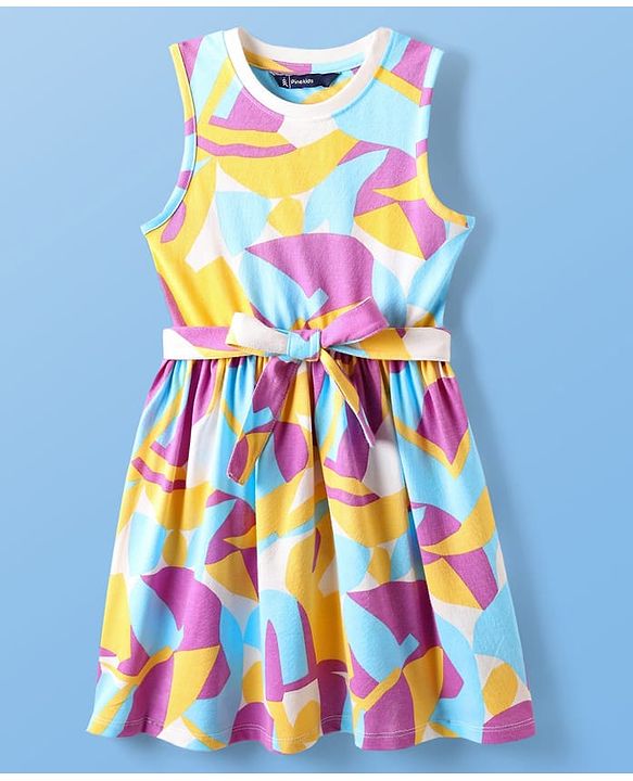 Pine Kids Cotton Knit Sleeveless Printed Frock With Belt - Multicolor