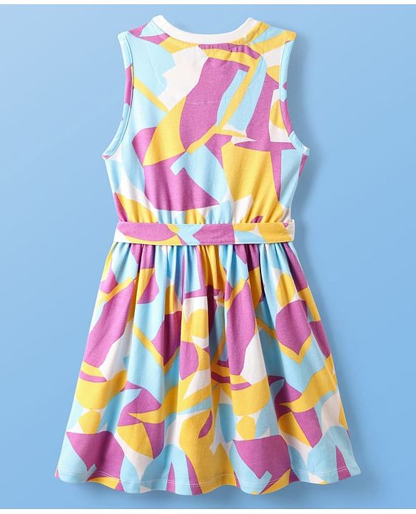 Pine Kids Cotton Knit Sleeveless Printed Frock With Belt - Multicolor