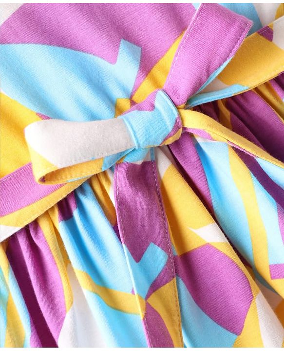 Pine Kids Cotton Knit Sleeveless Printed Frock With Belt - Multicolor