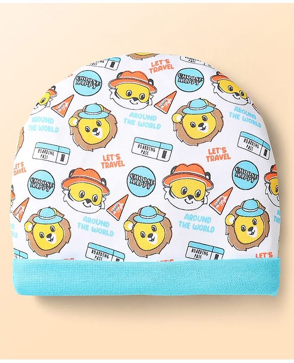 Babyhug 100% Cotton Interlock Knit Cap Mittens & Booties With Animal Print Light Blue - Diameter 10 cm