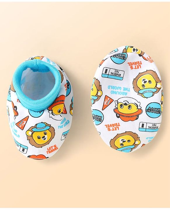 Babyhug 100% Cotton Interlock Knit Cap Mittens & Booties With Animal Print Light Blue - Diameter 10 cm