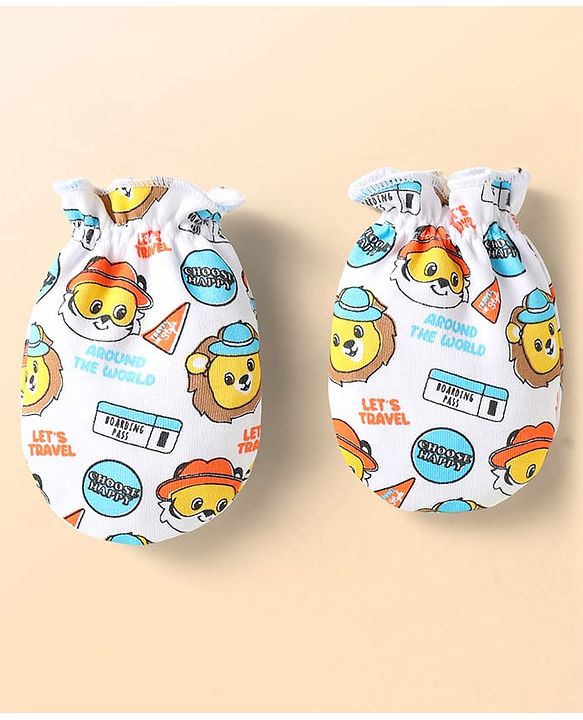 Babyhug 100% Cotton Interlock Knit Cap Mittens & Booties With Animal Print Light Blue - Diameter 10 cm