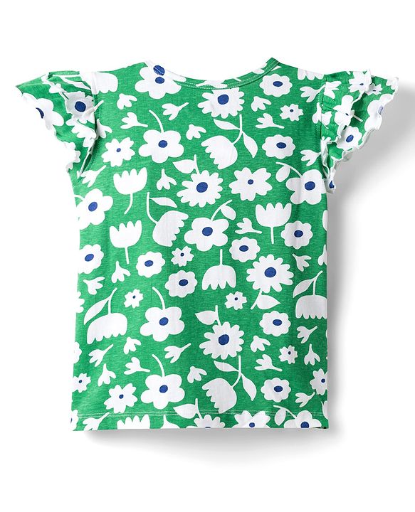 Pine Kids Cotton Knit Frill Sleeves Top With Floral Print - Green