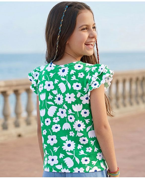 Pine Kids Cotton Knit Frill Sleeves Top With Floral Print - Green