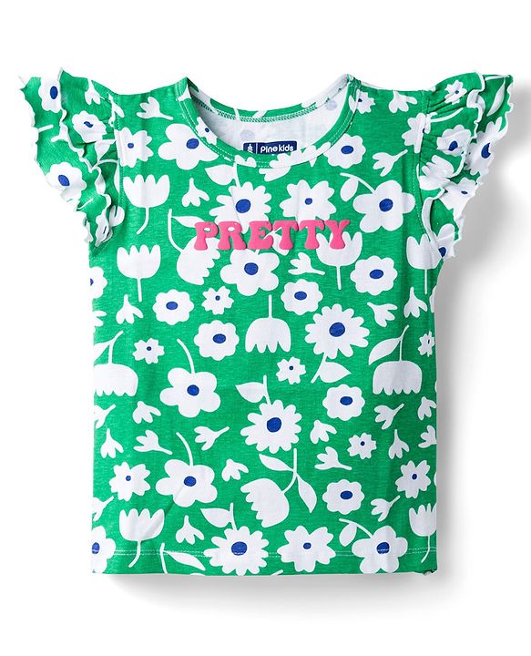 Pine Kids Cotton Knit Frill Sleeves Top With Floral Print - Green