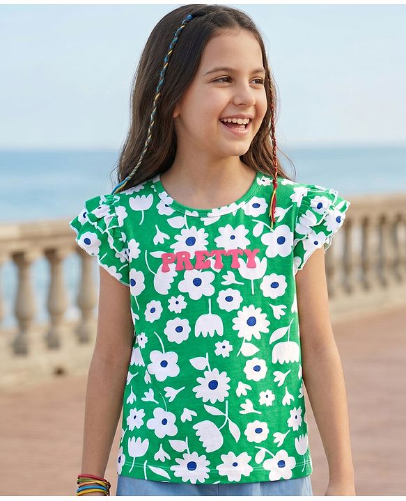 Pine Kids Cotton Knit Frill Sleeves Top With Floral Print - Green