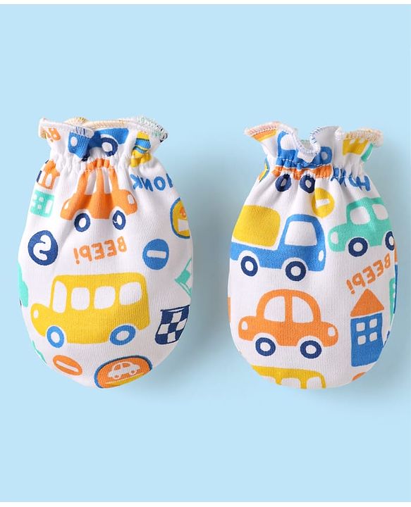 Babyhug 100% Cotton Knit Cap Mittens & Booties Set with Vehicle Print White - Diameter 10 cm