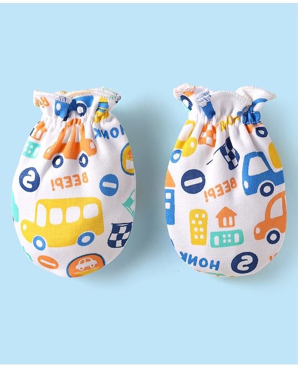 Babyhug 100% Cotton Knit Cap Mittens & Booties Set with Vehicle Print White - Diameter 10 cm