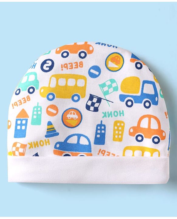 Babyhug 100% Cotton Knit Cap Mittens & Booties Set with Vehicle Print White - Diameter 10 cm