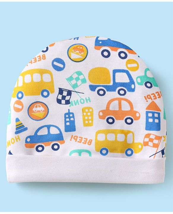 Babyhug 100% Cotton Knit Cap Mittens & Booties Set with Vehicle Print White - Diameter 10 cm